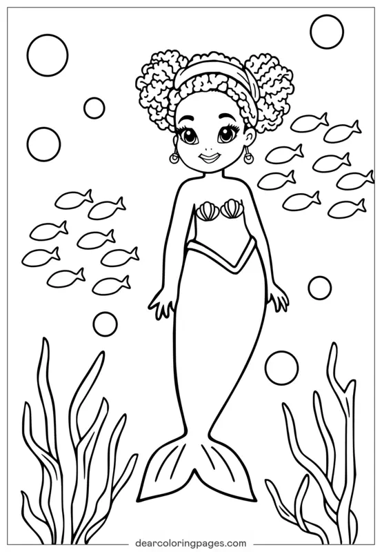 Mermaid with curly hair surrounded by fish, bubbles, and seaweed in an underwater ocean scene