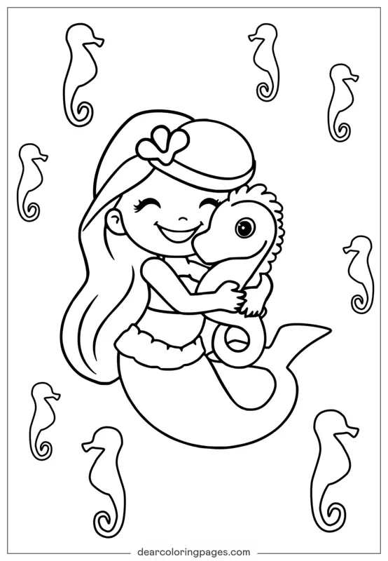 Smiling mermaid with long hair hugging a friendly seahorse, surrounded by other seahorses