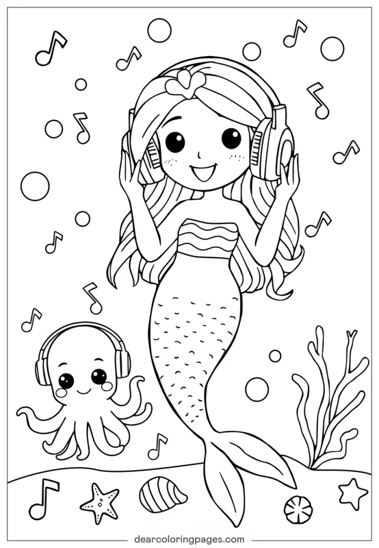 Niedliche Meerjungfrau und Oktopus genießen Musik unter Wasser