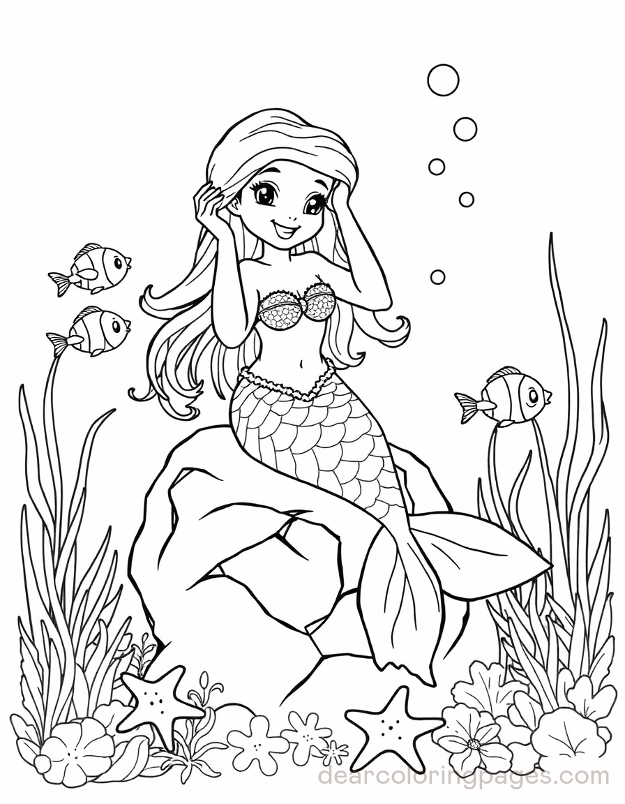 Sereia Desenho para Colorir - Sereia penteando o cabelo