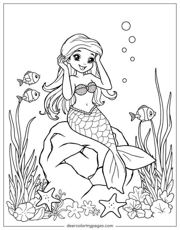 Sereia Desenho para Colorir - Sereia penteando o cabelo