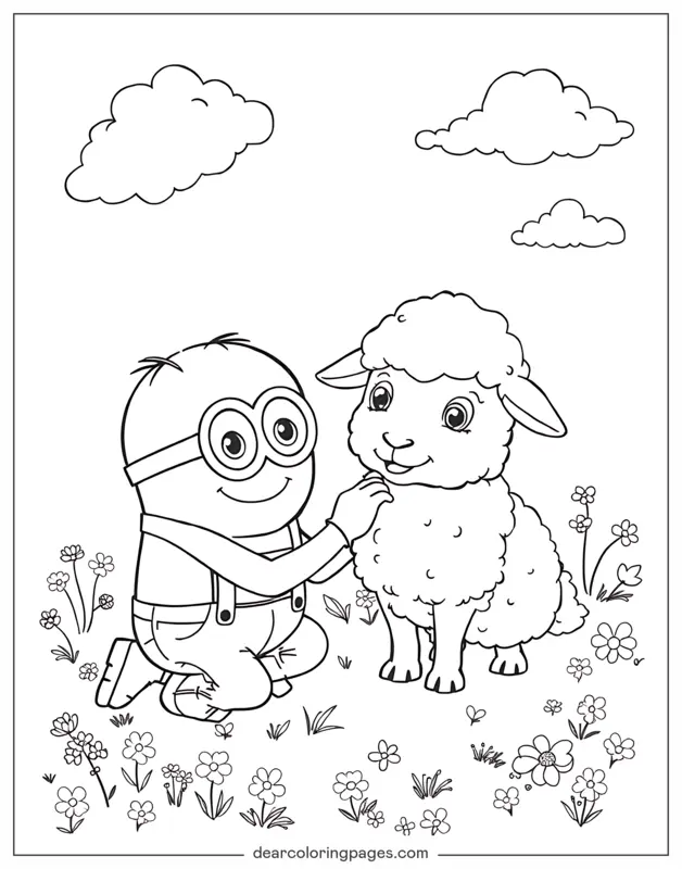 Oveja Dibujo para Colorear - Minion acariciando una oveja