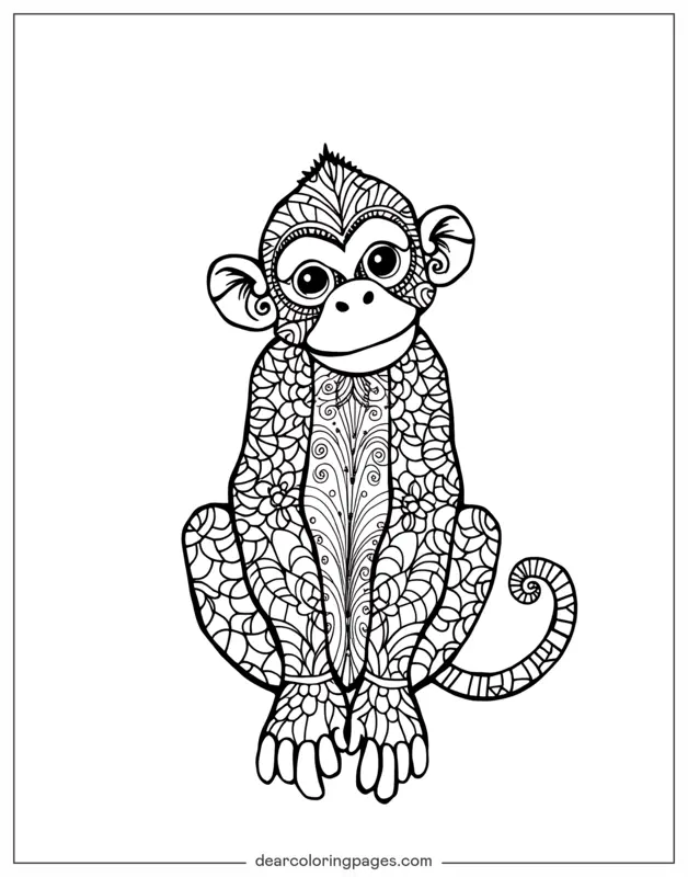 Monkey Coloring Page - Zentangle Monkey