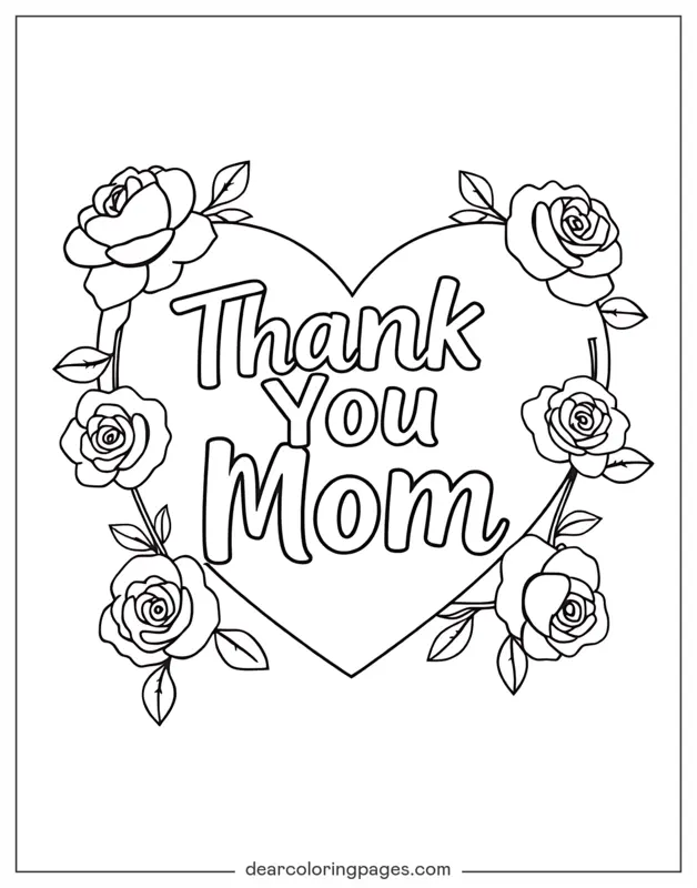Coloriage de Fête des Mères – Merci Maman Cœur avec Roses