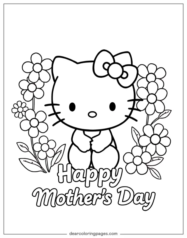 Coloriage de Fête des Mères – Hello Kitty avec Bonne Fête des Mères