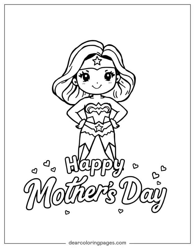 Coloriage de Fête des Mères – Wonder Woman avec Joyeuse Fête des Mères