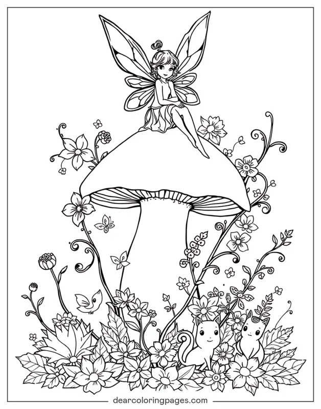 Seta Dibujo para Colorear - Pequeña hada sentada en un hongo