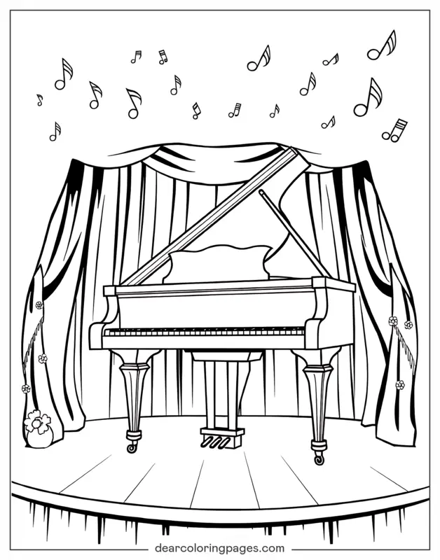 Música Dibujo para Colorear - Piano de cola en el escenario