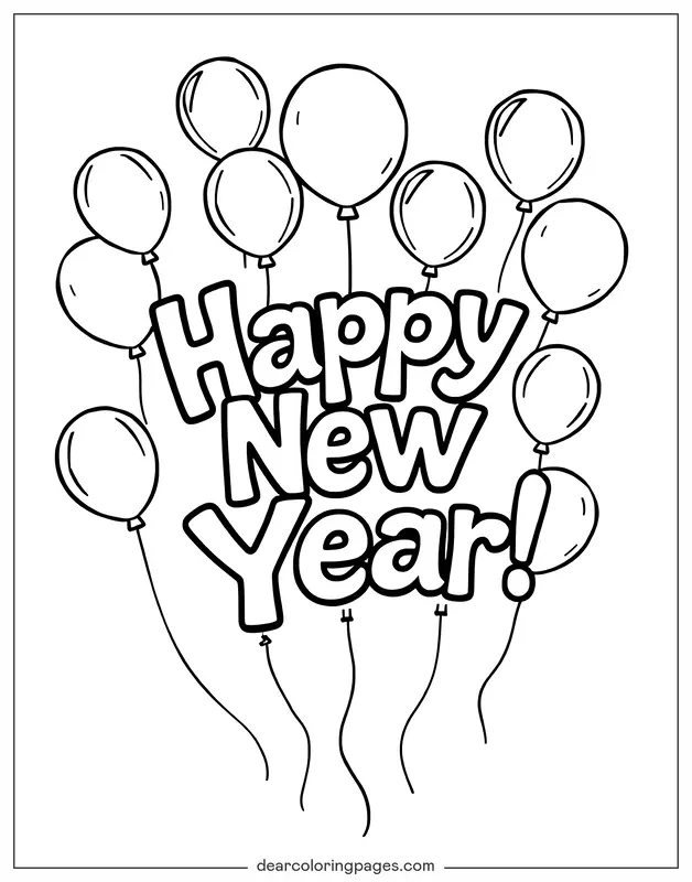 Capodanno Disegno da Colorare - Felice Anno Nuovo con Palloncini