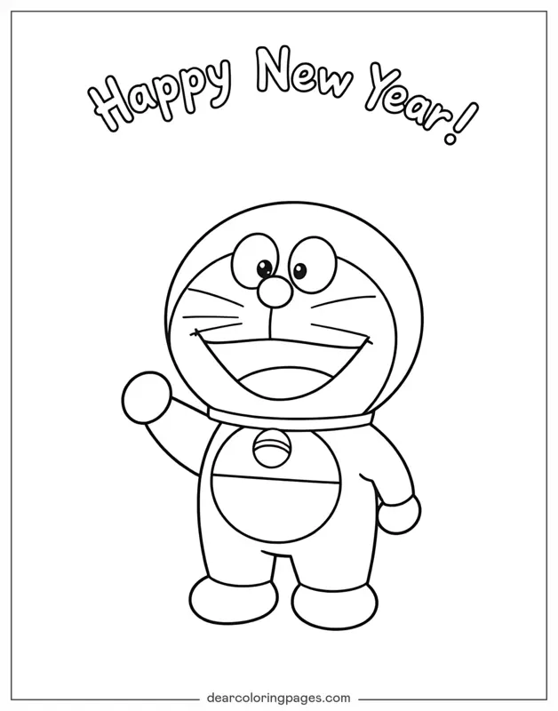Capodanno Disegno da Colorare - Doraemon augurando Buon Anno Nuovo