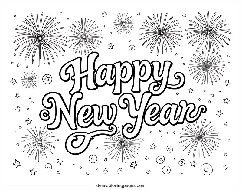 Capodanno Disegno da Colorare - Felice Anno Nuovo Circondati dai Fuochi d'Artificio