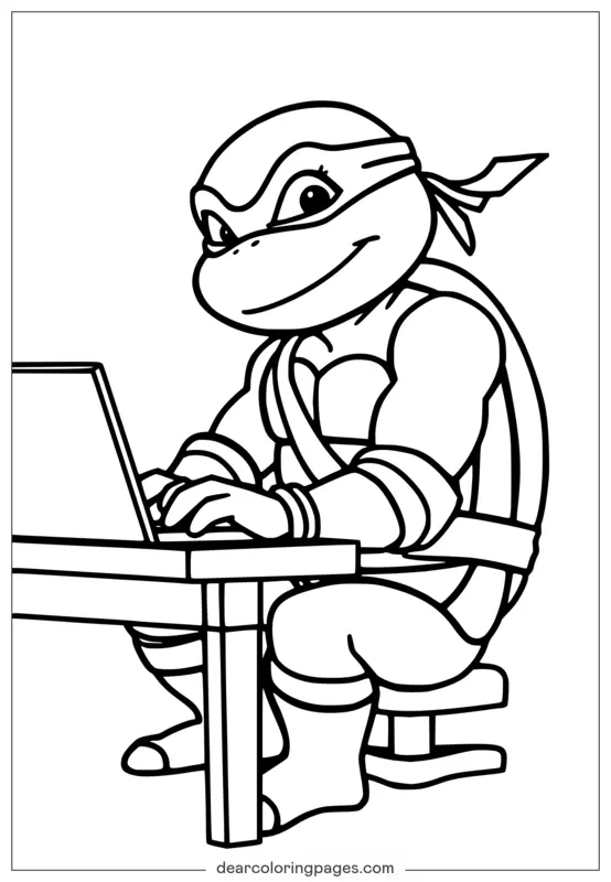 Ninja-schildkröten Ausmalbild - Donatello Ninja Turtle Arbeitet am Laptop