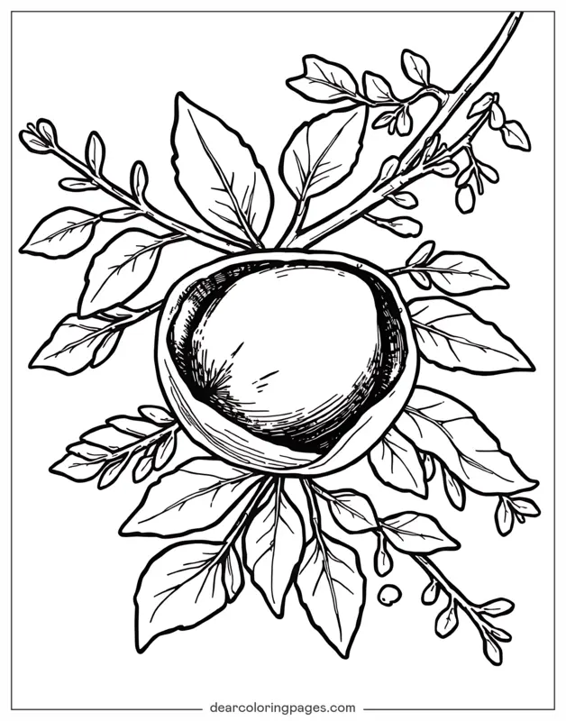 Noci Disegno da Colorare - Pistacchio dettagliato circondato da foglie