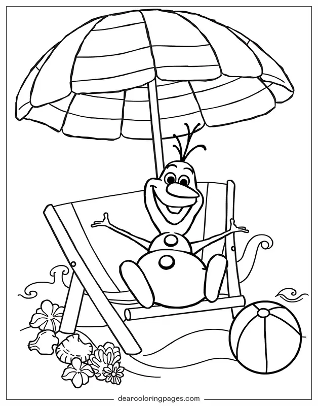 Verano Dibujo para Colorear - Olaf relajándose en una silla de playa