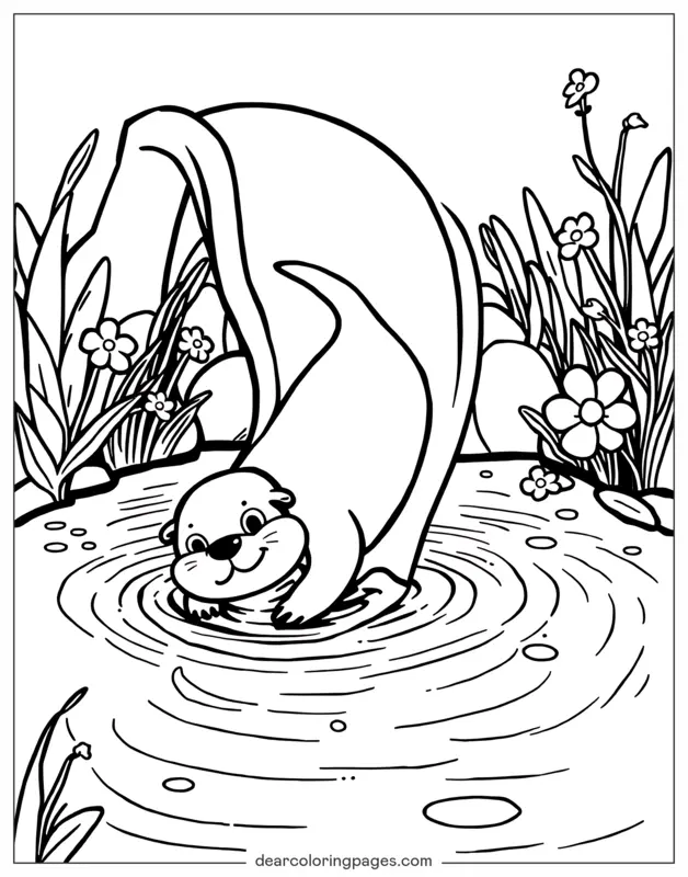 Nutria Dibujo para Colorear - Nutria deslizándose por el tobogán de agua.