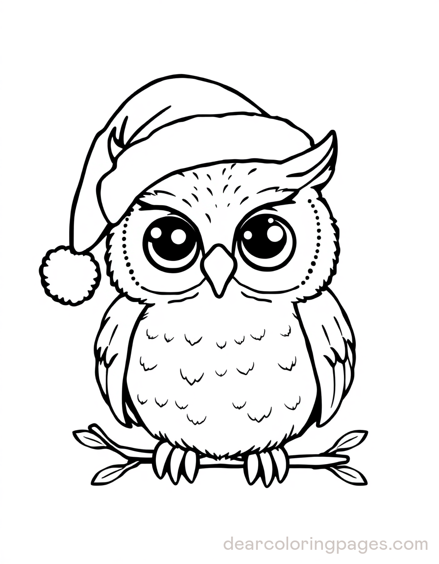 Owl Coloring Page - Owl Wearing Santa Hat