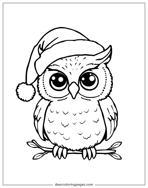 Animale carino Disegno da Colorare - Gufo con cappello di Babbo Natale