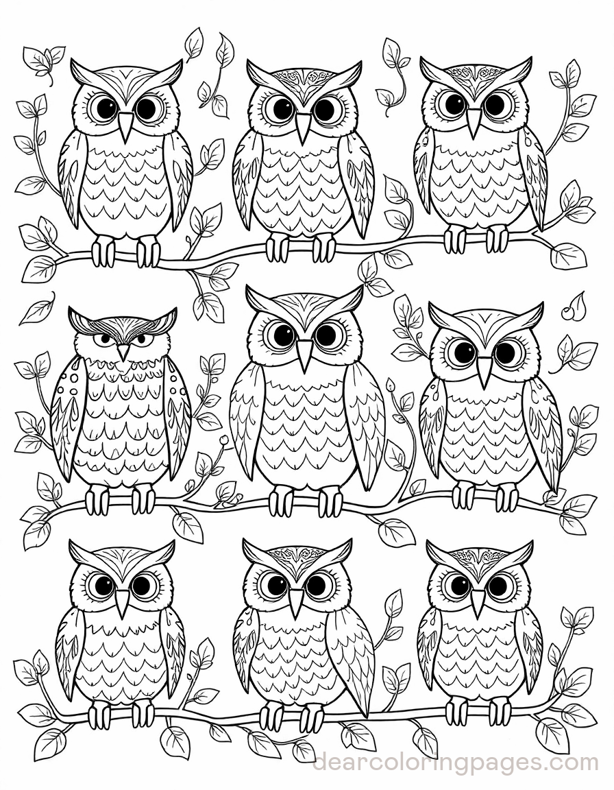 Owl Coloring Page - Nine Owls