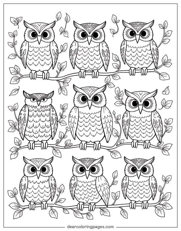 Patrón Dibujo para Colorear - Nueve Búhos