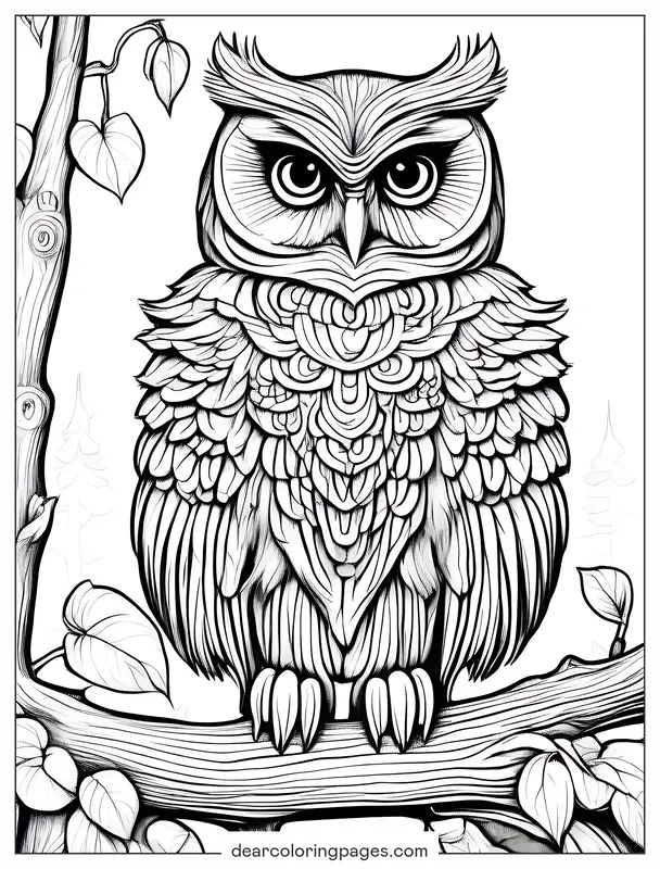 Decorative Perched Owl Coloring Page for Adults
