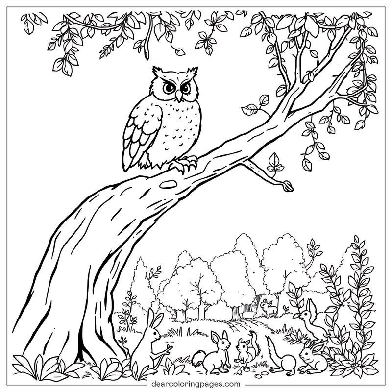 Coloring Page of Owl and Rabbits