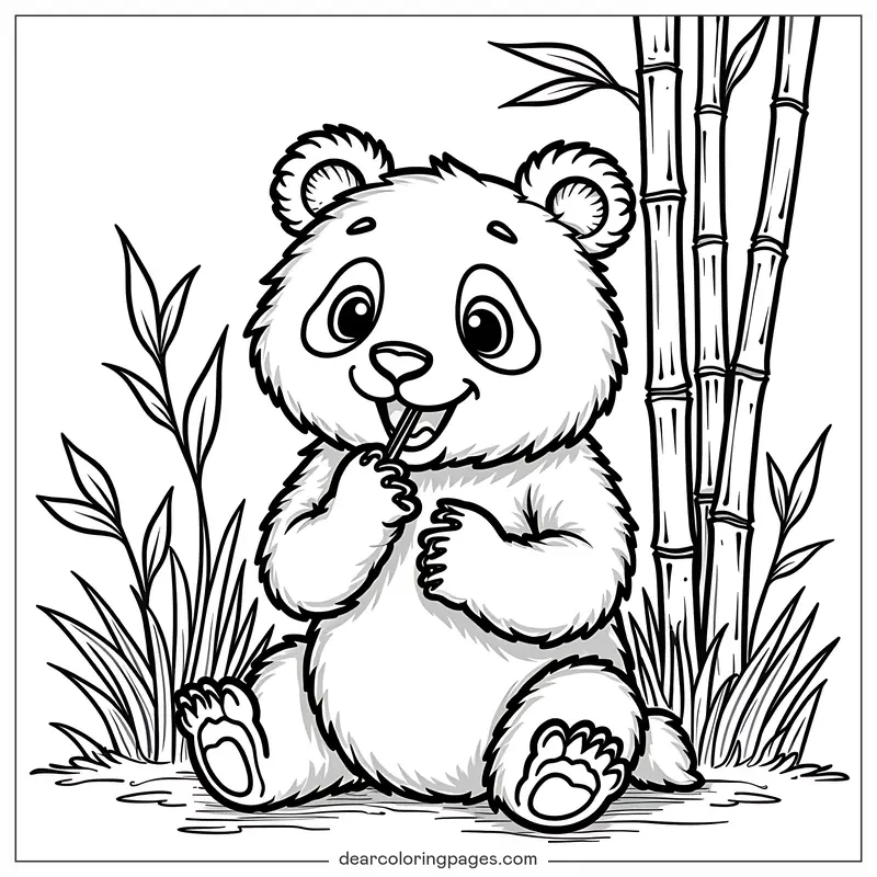 Panda Coloring Page - Coloring Page of Cute Panda Eating Bamboo