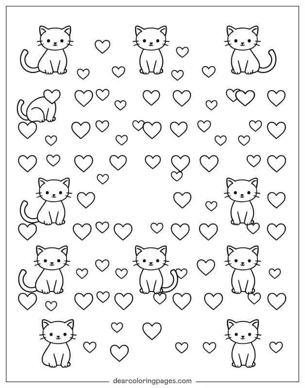 Katze Ausmalbild - Muster von Katze und Herz