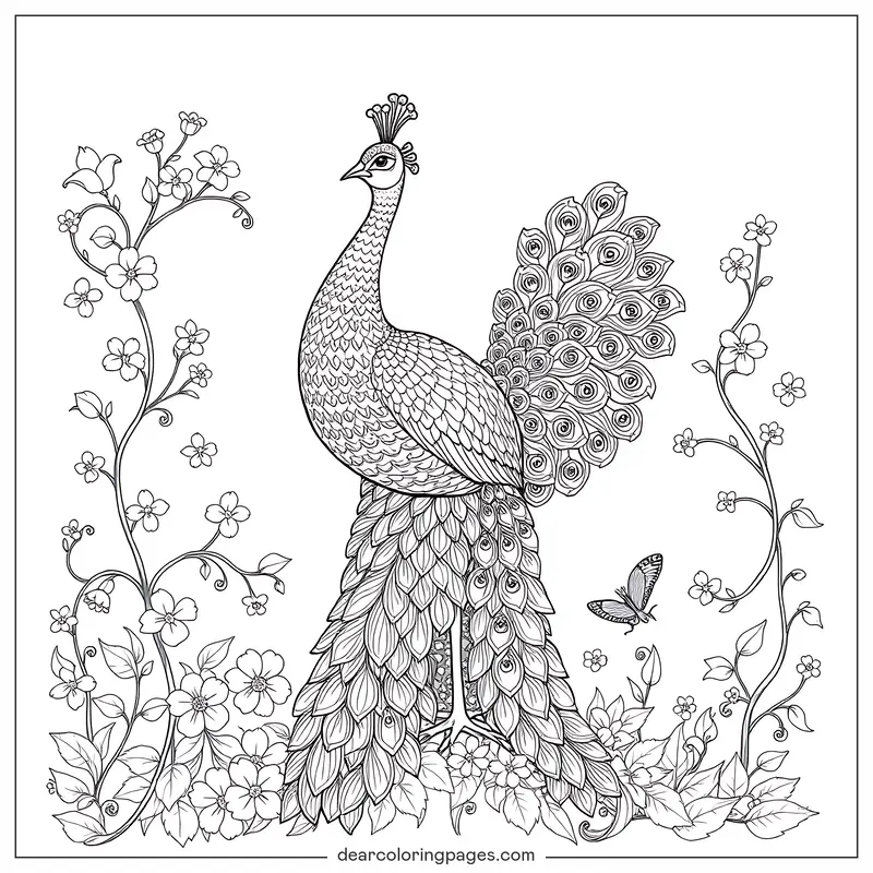 Peacock Coloring Page - Peacock Surrounded by Blossoms Coloring Page