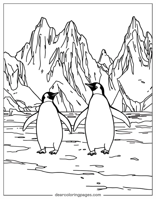 Penguin Coloring Page - Two Penguins on Ice