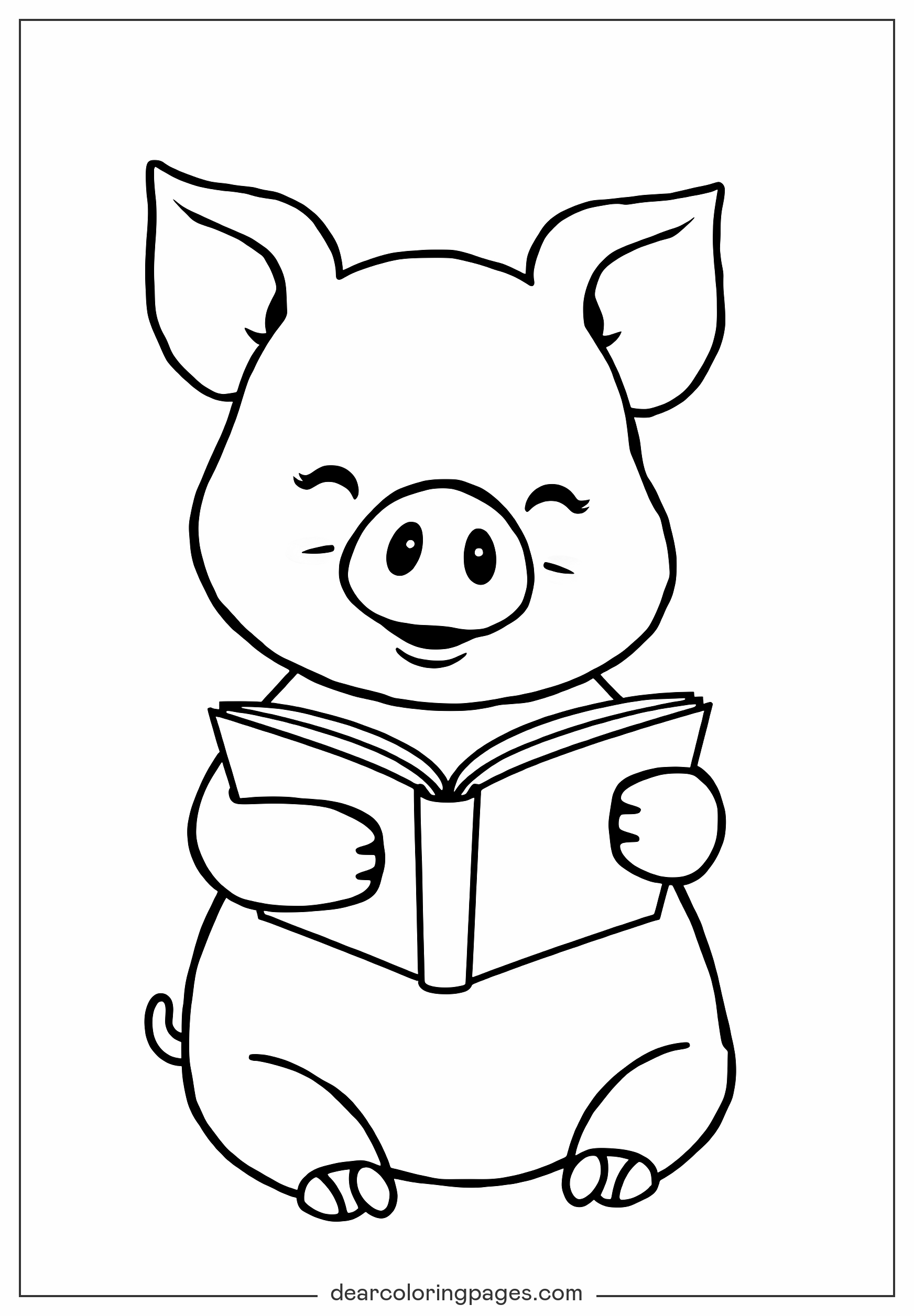 閱讀書籍的快樂豬著色頁