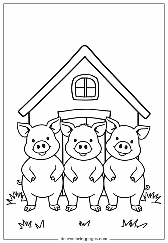 Cerdo Dibujo para Colorear - Tres cerditos frente a su casa