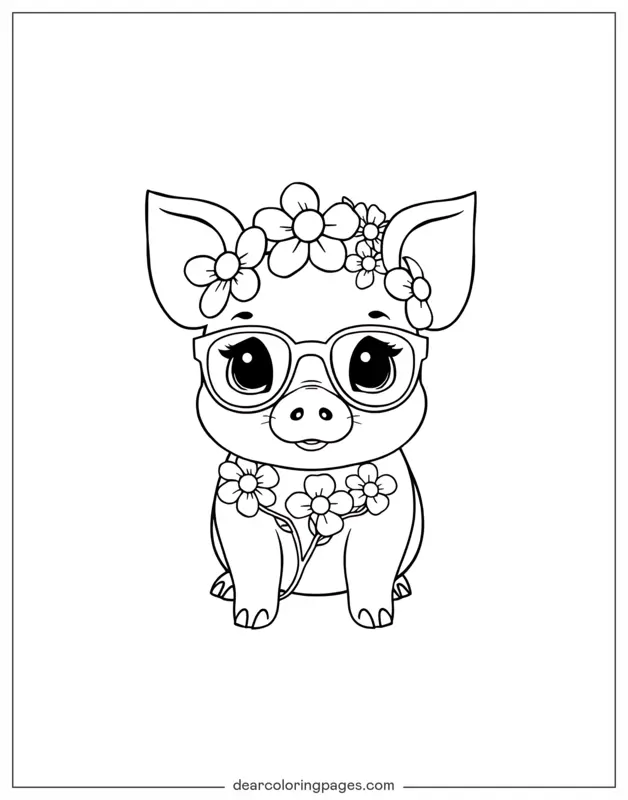 Cerdo Dibujo para Colorear - Cerdo con flores