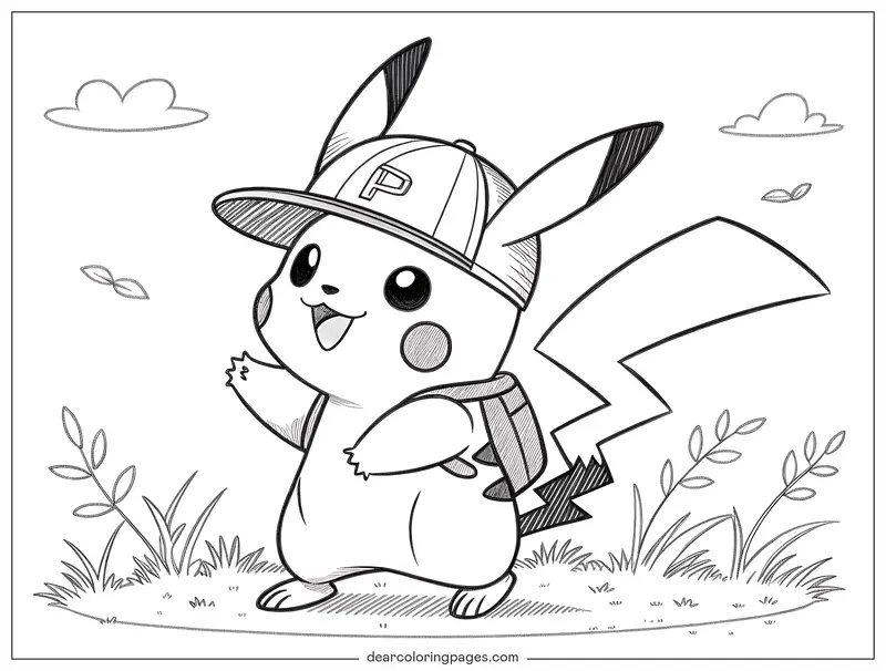 Pikachu Dibujo para Colorear - Dibujo para Colorear de Pikachu con Gorra