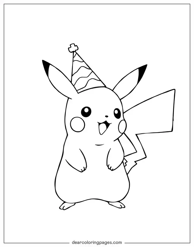 Pikachu Dibujo para Colorear - Pikachu con Sombrero de Fiesta Dibujo para Colorear