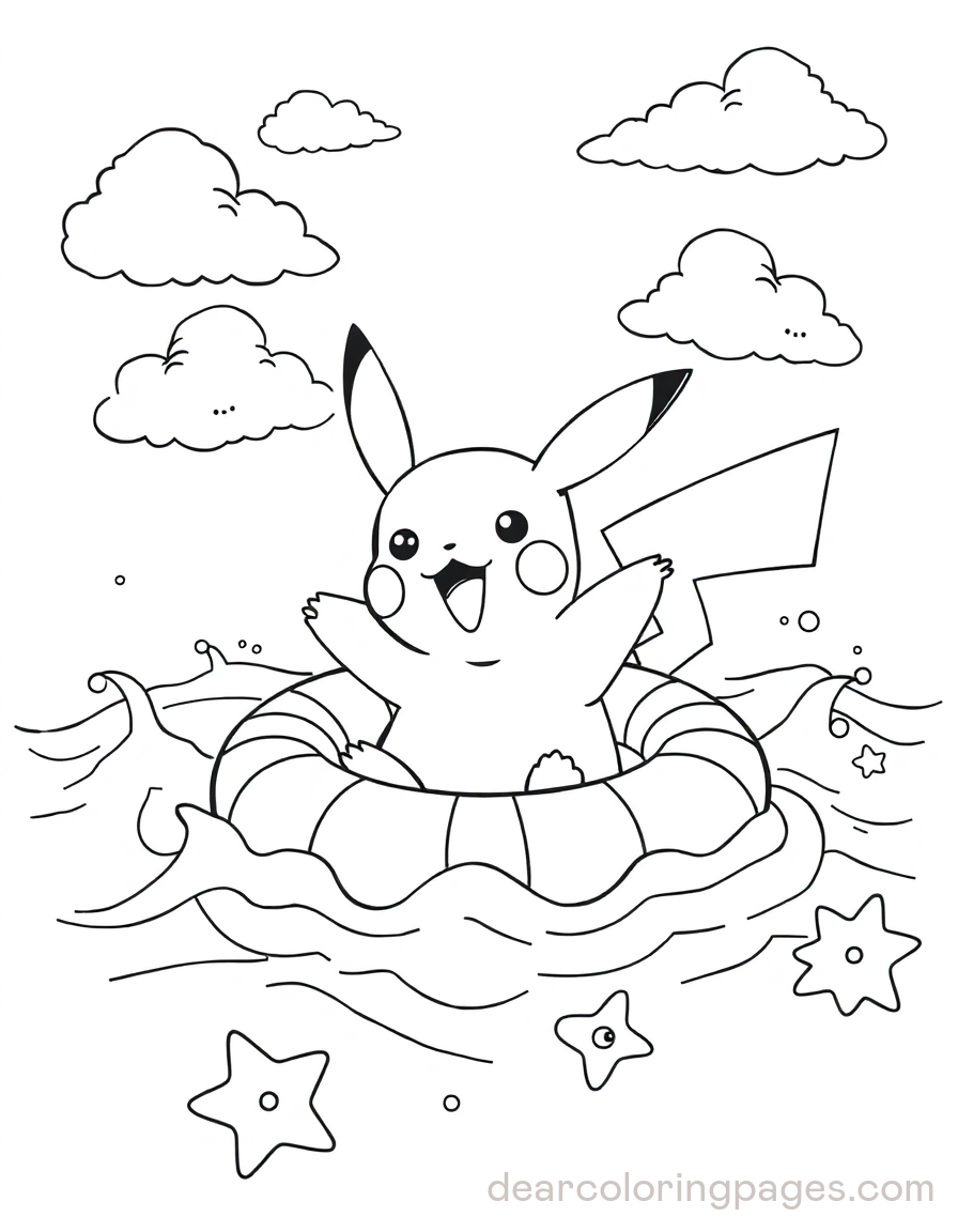 Swimming Coloring Page - Pikachu swimming in summer