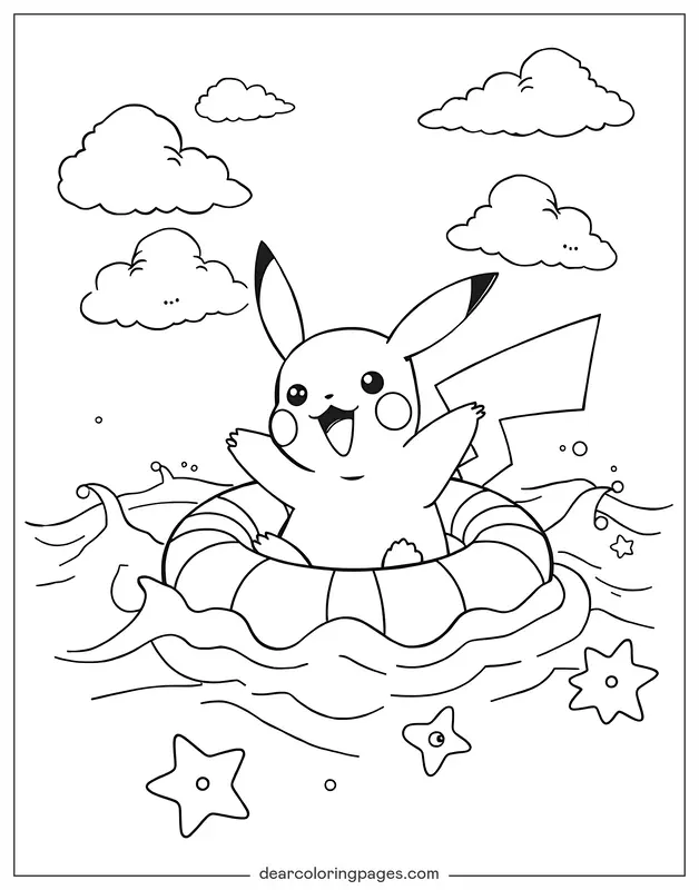 Pikachu Dibujo para Colorear - Pikachu nadando en verano