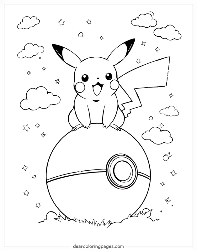Pikachu Dibujo para Colorear - Pikachu Sentado en una Gran Pokebola