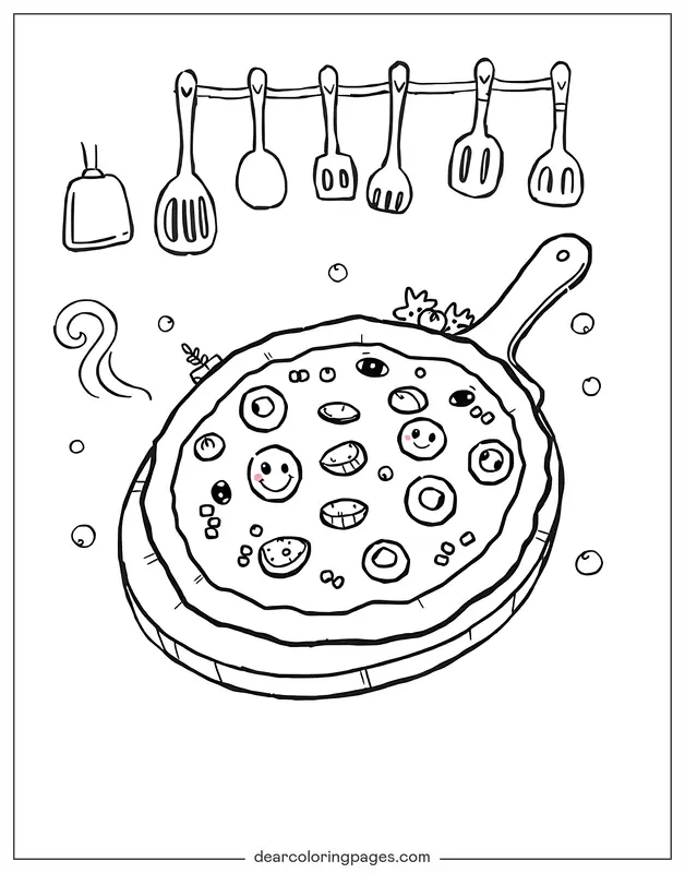 Coloriage de Pizza – Pizza entourée d'ustensiles suspendus