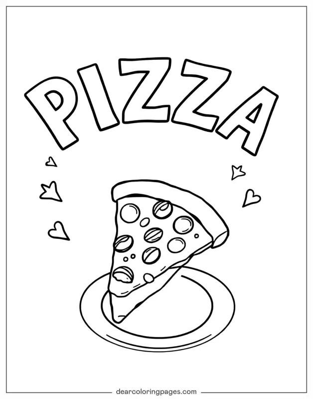 Coloriage de Pizza – Tranche de pizza avec texte en contour Pizza
