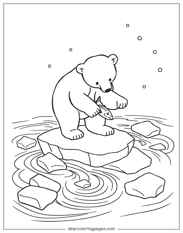 Eisbär Ausmalbild - Eisbär fängt Fisch