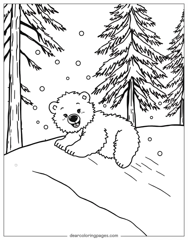 Eisbär Ausmalbild - Eisbär rutscht einen verschneiten Hügel hinunter