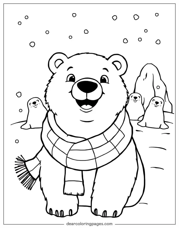 Invierno Dibujo para Colorear - Oso Polar con Bufanda