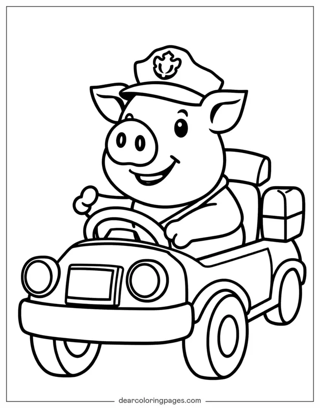 Cerdo Dibujo para Colorear - Capitán Cerdo Conduciendo Coche de Policía