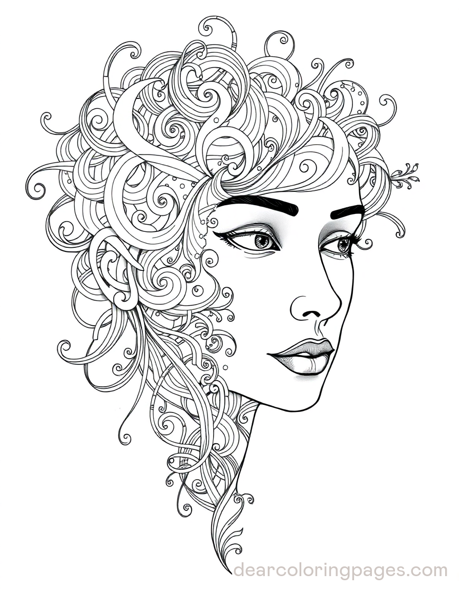 Portrait Coloring Page - Flowing Curls