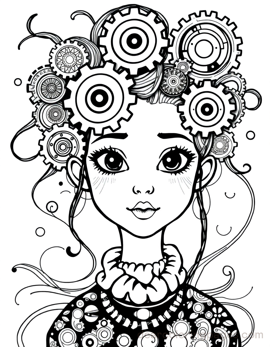 Portrait Coloring Page - Girl Portrait with Gear Elements