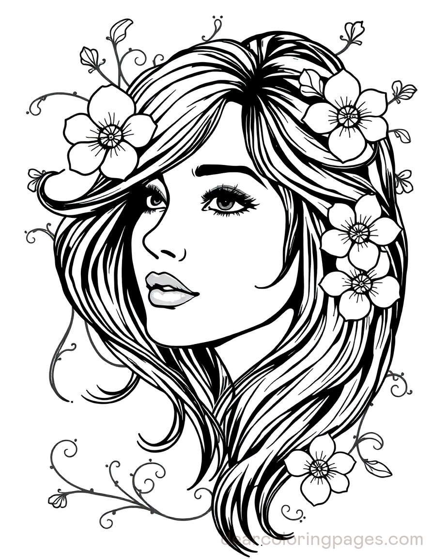 Portrait Coloring Page - Portrait of a Woman with Flowing Hair