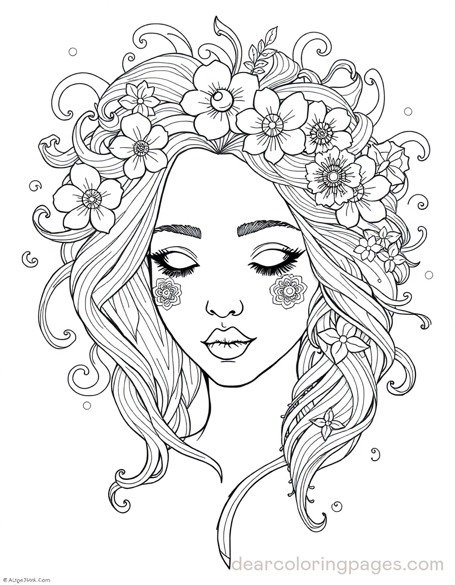 Portrait Coloring Page - Portrait avec couronne florale