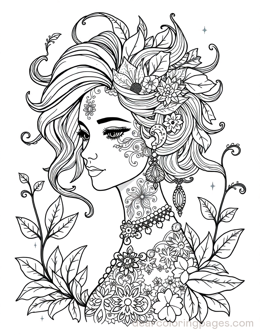 Portrait Coloring Page - Elegant Floral Adornment