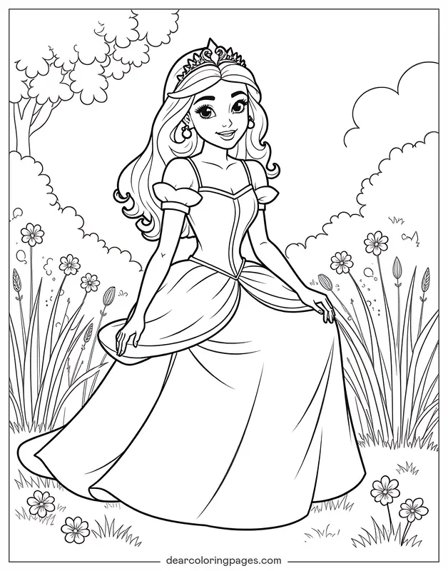 Coloring Page of Princess in the Garden