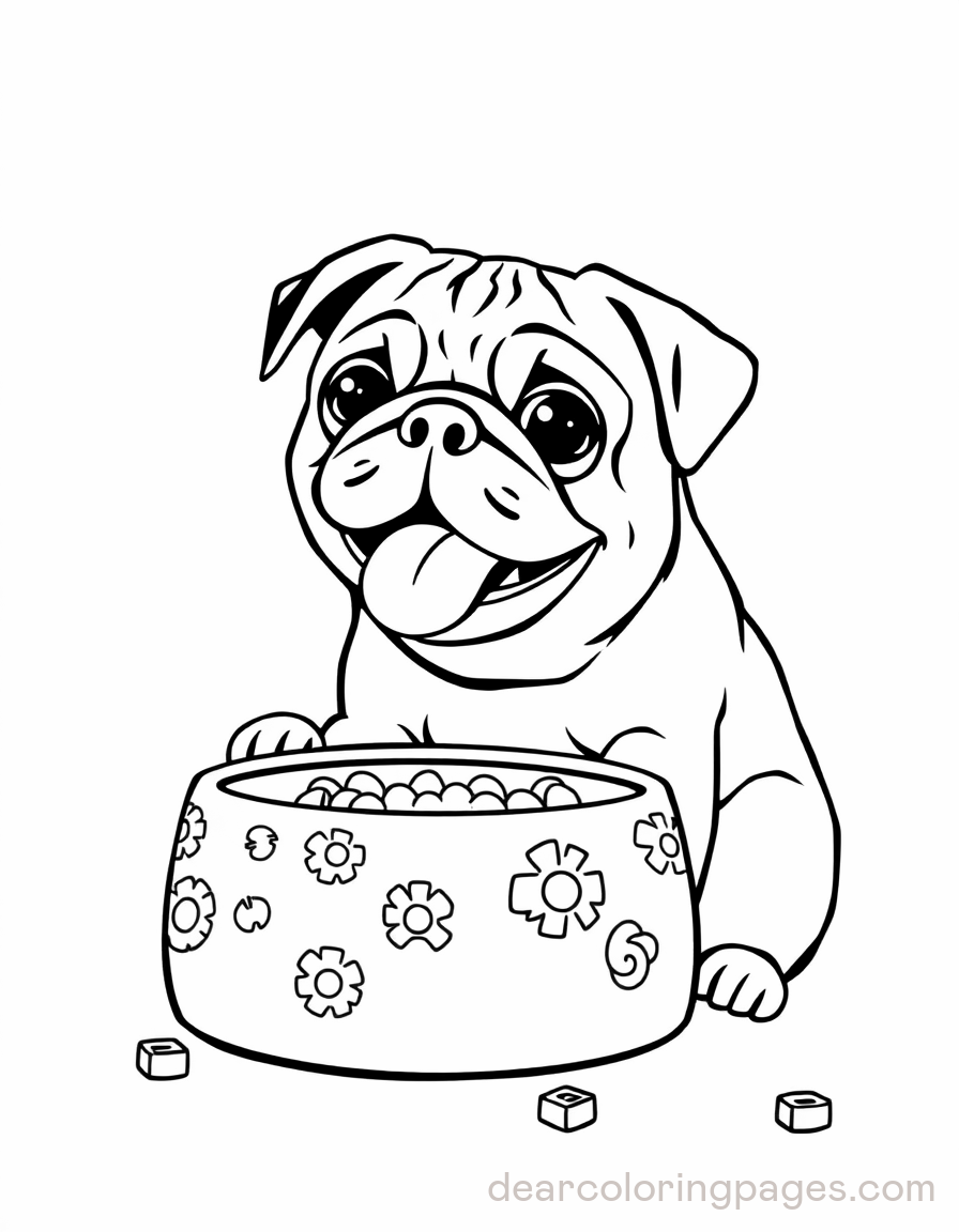 Pug Coloring Page - Pug and Food Bowl